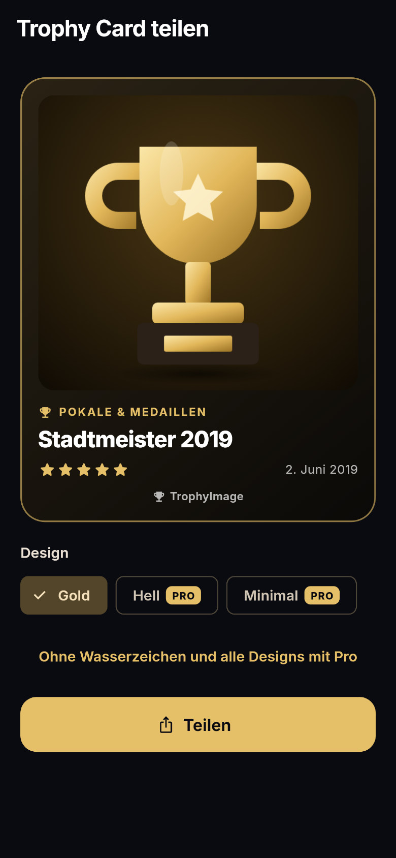 Trophy Card mit Pokal, Sternen und Datum zum Teilen