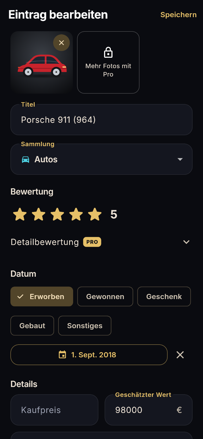 Eintrag mit Foto, fünf Sternen, Datum und Wert