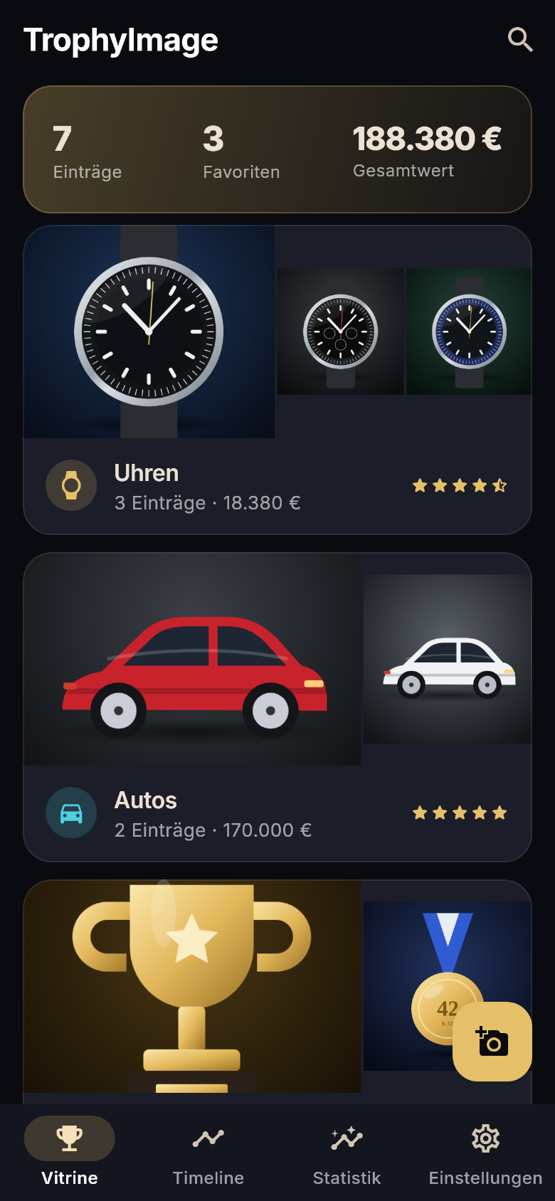Vitrine mit Uhren und Autos, Gesamtwert und Favoriten